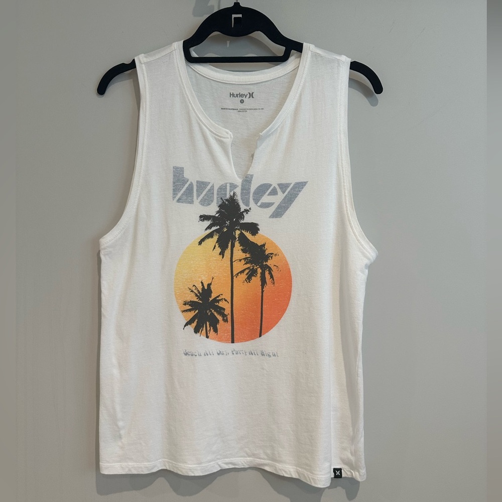 Hurley Women’s White Tank Top with Palm Tree Graphic, Size Small